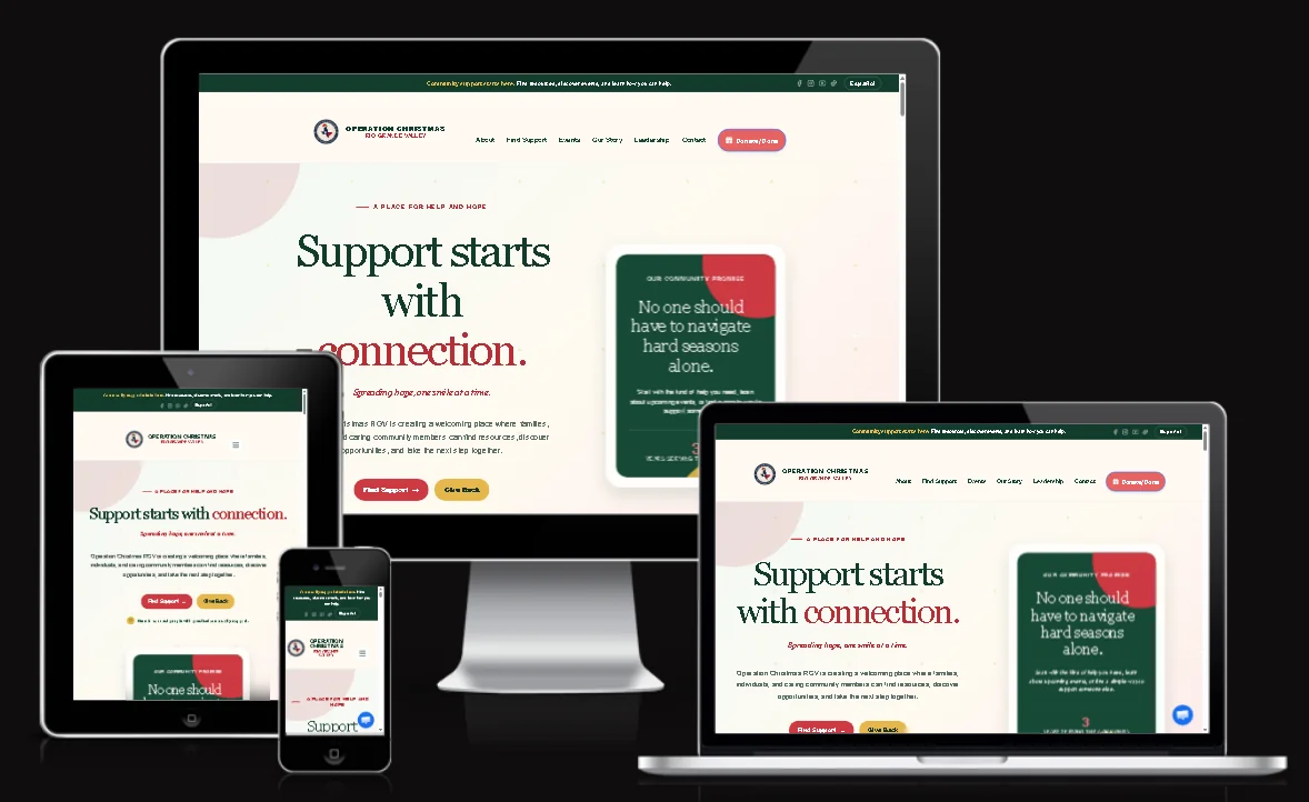 The Operation Christmas RGV website shown on a laptop, tablet and phone