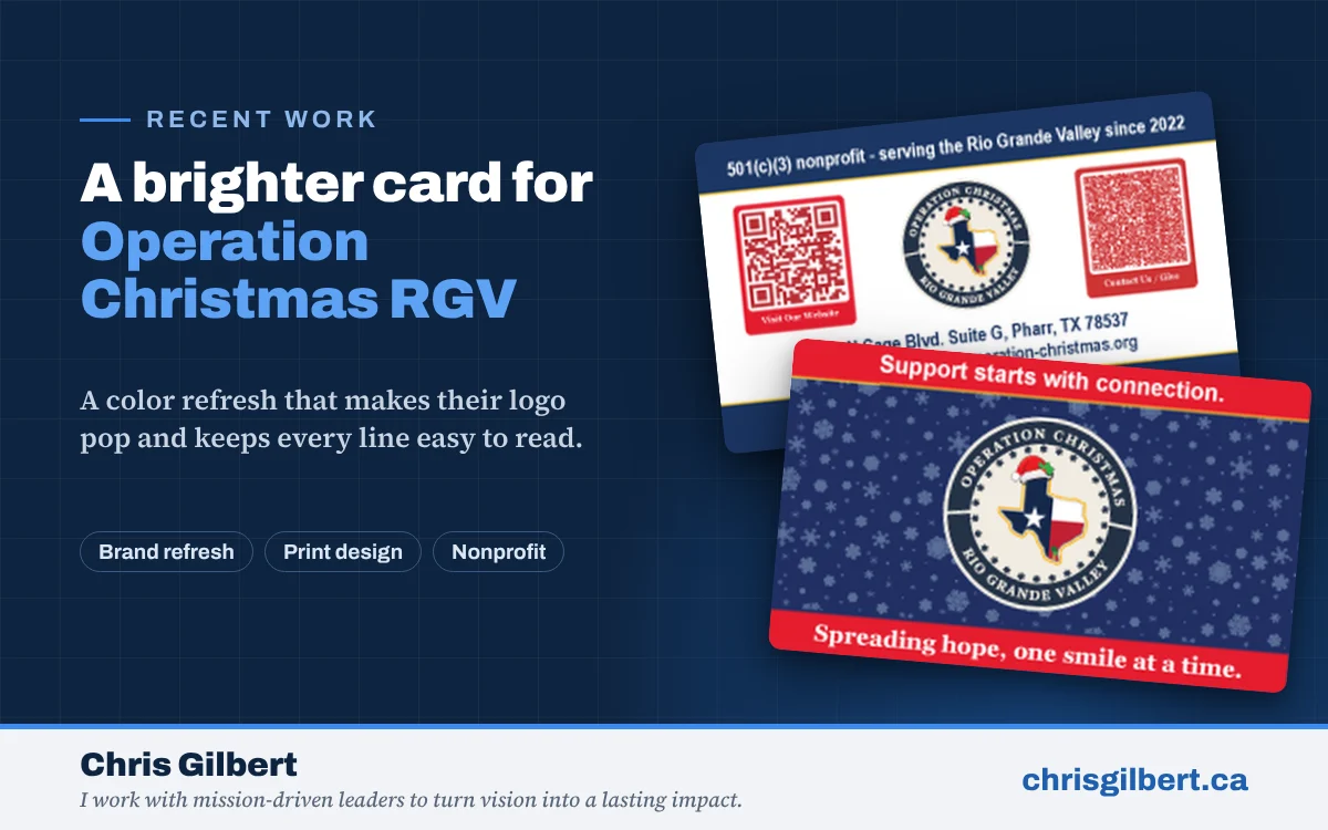 Operation Christmas RGV business cards, front and back, in navy, red and gold